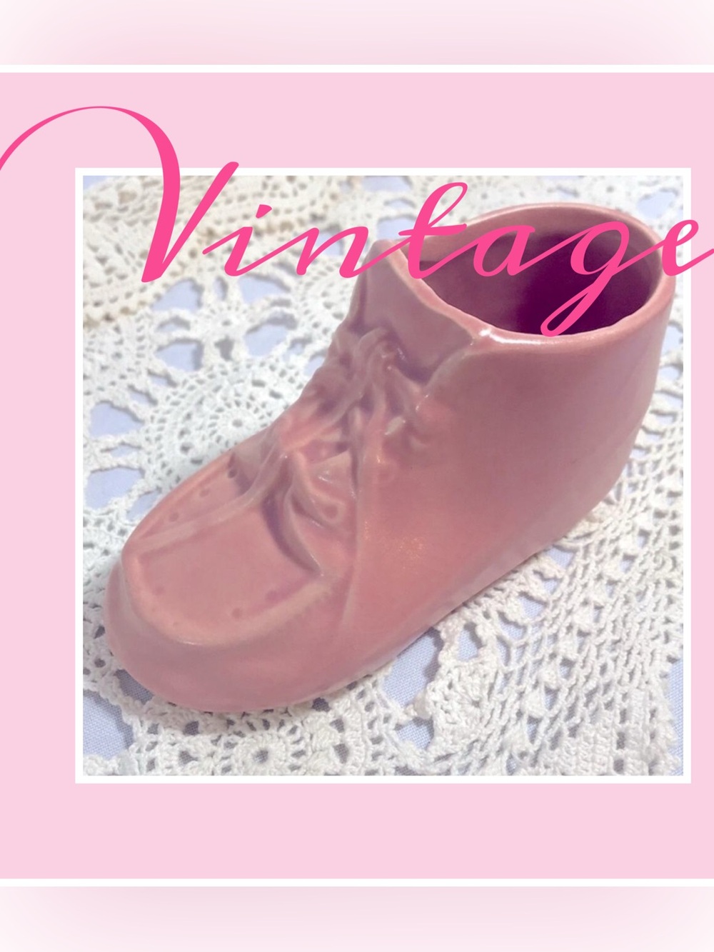 Pink VTG 40-50sCollectable Baby Bootie Vase/Planter/Storage BABY SHOWER DECOR - Picture 11 of 11